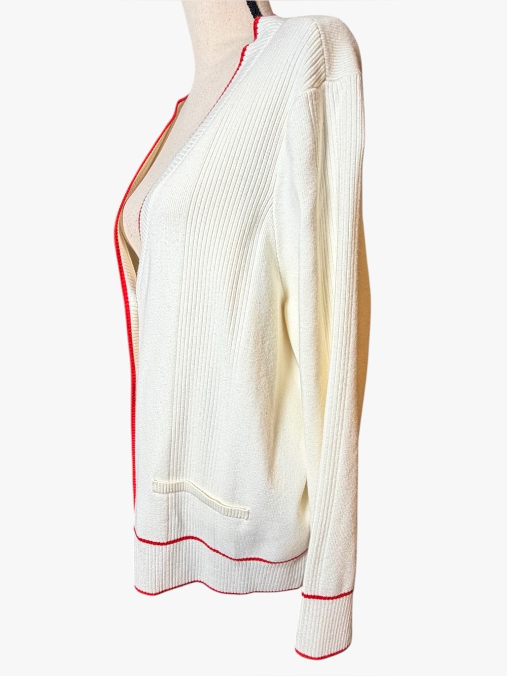 Maeve Anthropologie Ribbed Cream Cardigan Red Piping Varsity Preppy Size 2X - Picture 4 of 10